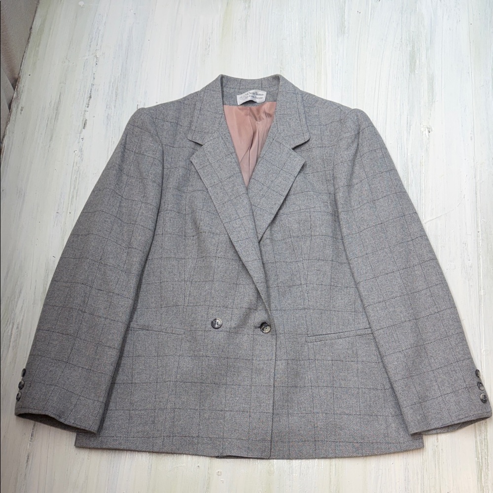 Evan Picone Light Gray Plaid Wool Women's Blazer Sz L